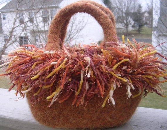 50 % -" MAYSALE"code,Market Tote and Decorative Frizzle Trim, 2 Handles,Felted Wool