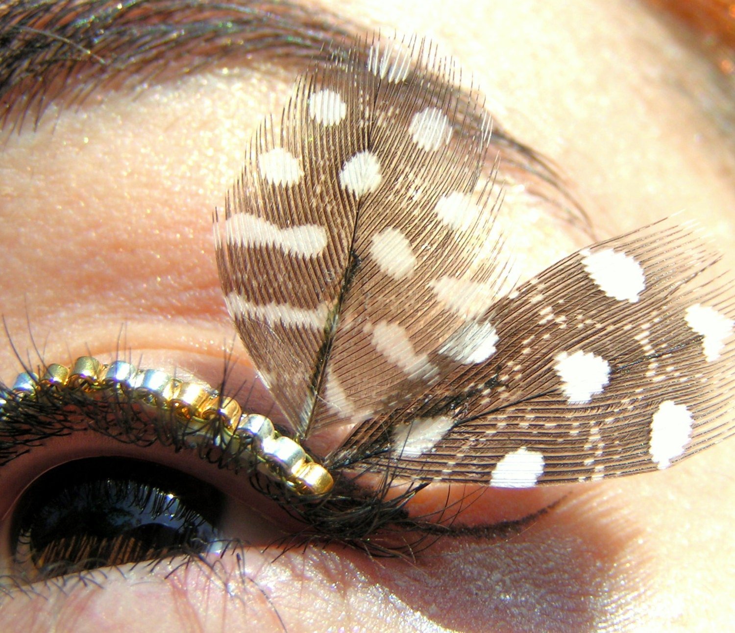 24k Gold Plated Eyelash Jewelry with spotted feathers
