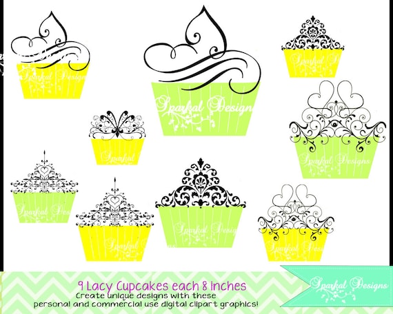 Lacy Cupcake Clipart Cupcake clip art Birthday Invitation ClipArt Digital Scrapbook party Decoration Clipart Instant Green Yellow cupcakes Il_570xn