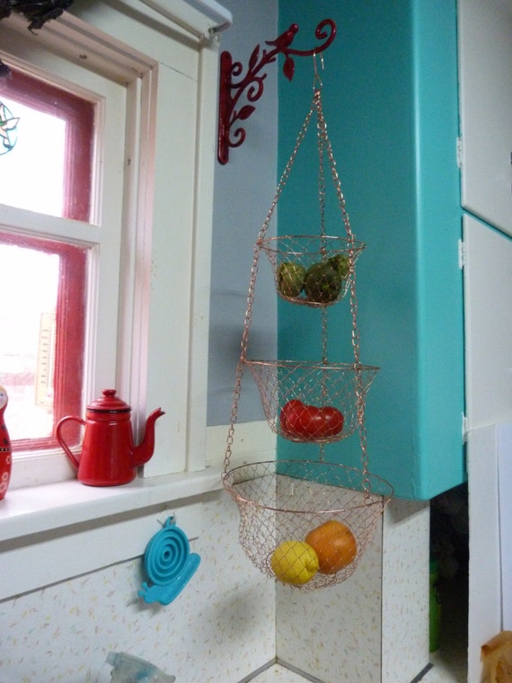 Vintage 3 Tier Wire Hanging Kitchen Basket Copper Color