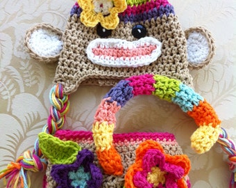 Colorful sock monkey hat and diaper cover Crochet rainbow sock monkey hat Newborn photography prop the sock monkey costume