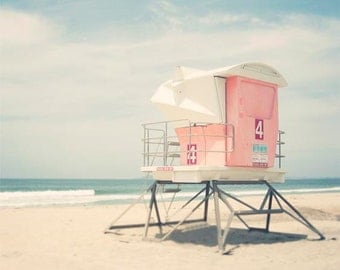 Beach Photography, Lifeguard Tower, Pastel Beach Decor, California Beach Art, San Diego, Pink Blue Wall Art "Tower Number 4"