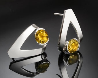 citrine earrings, November birthstone, citrine jewelry, Argentium silver earrings, yellow gemstone, eco friendly, tension set, for her- 2470