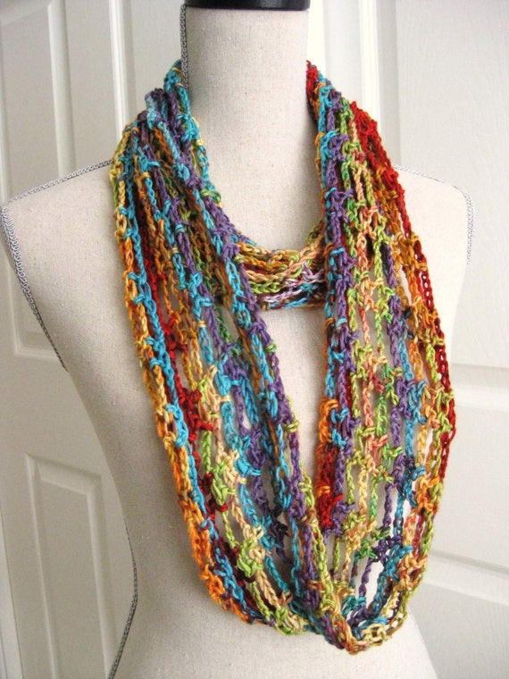 Crochet Lacy Cowl-Infinity Scarf Rainbow Colors