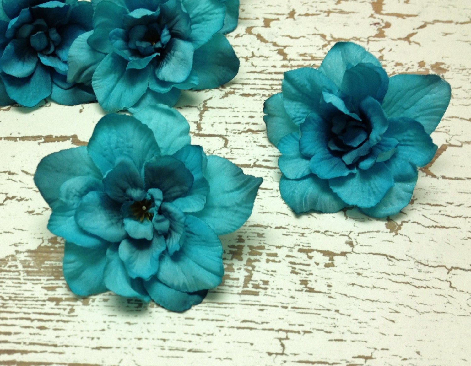 5 TURQUOISE Delphinium Blossoms Aqua Blue Green Artificial