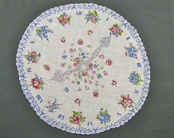 VINTAGE HANKIE, Red Roses on a Clock Face White, Round, Scalloped Edge, Corded, Pink Accents, Pocket Hankie, Excellent Condition