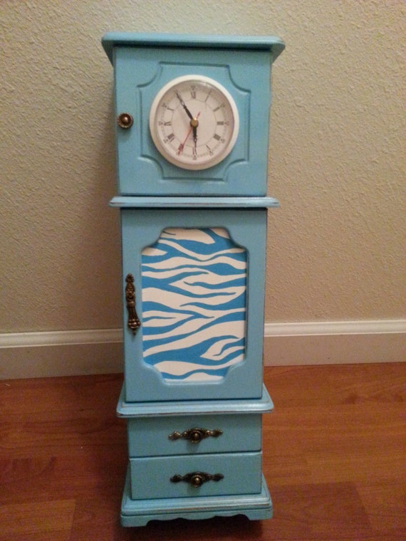 Items similar to Light Blue Upcycled Jewelry Box Clock with Zebra Print