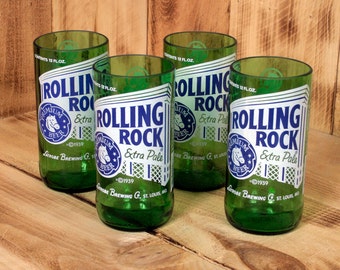 Four Pack Rolling Rock 8oz Juice Glasses made from upcycled beer bottles