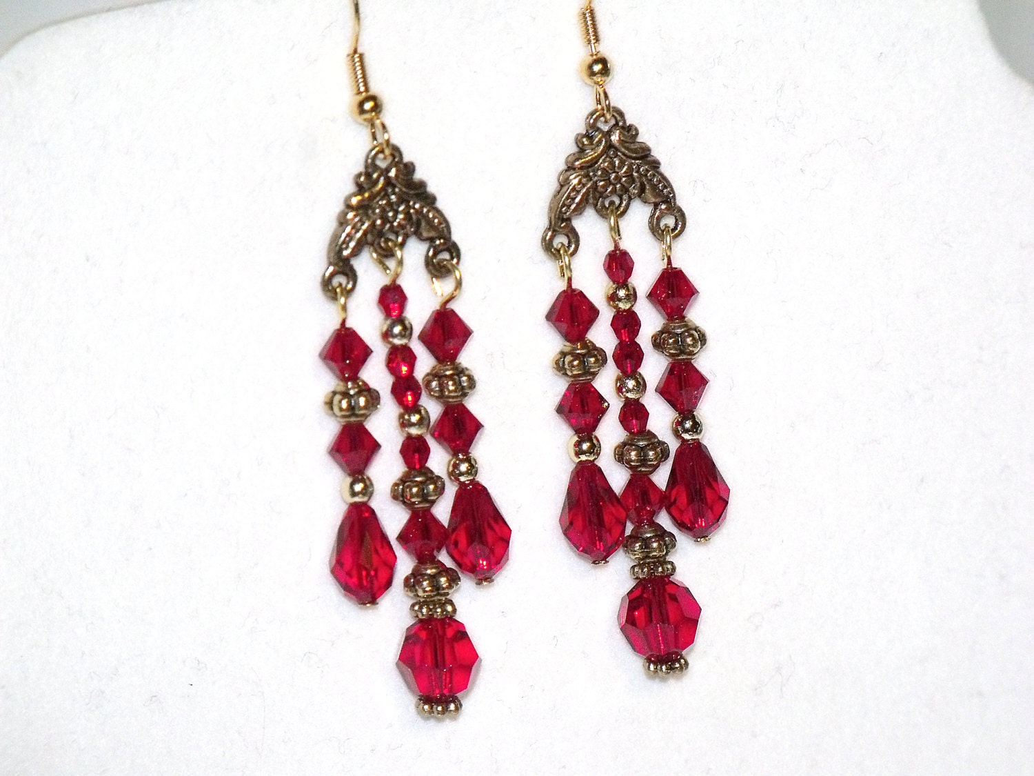 Red and Gold Chandelier Earrings long bead bohemian