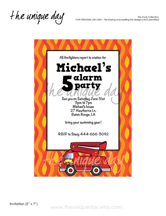 Custom Personalized Firetruck Birthday Invitation Card (Digital Print Your Own) Il_570xn