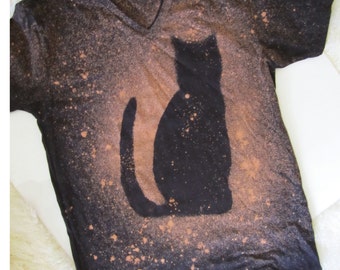 Mens Halloween Shirt - Cat Shirt - Unisex- Cat Tshirt - Black Cat - Galaxy Ca t - Bleached T shirt - Short SleeveTshirt