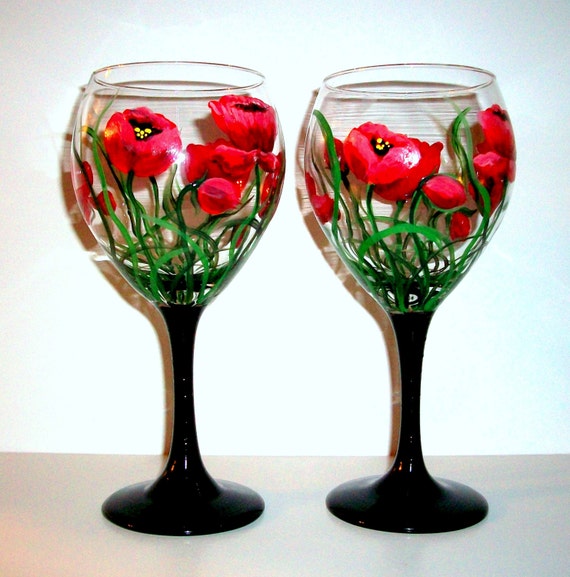 Hand Painted Wine Glasses Red Poppies Set of 2 / 20 oz. Red