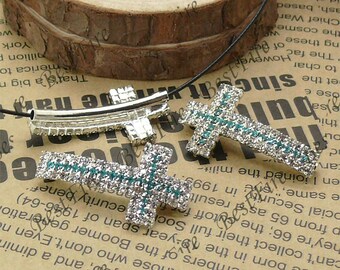 2pcs of 19x36mm silver tone Sideways Cross Rhinestone Connector,Cross Bracelet Connector,bangle findings