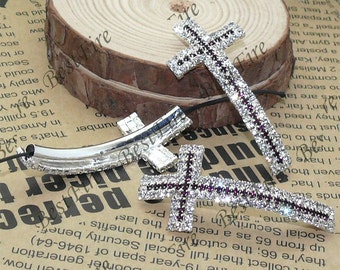 2pcs of 24x53mm Silver tone Sideways Cross Rhinestone Connector,Cross Bracelet Connector,bangle findings