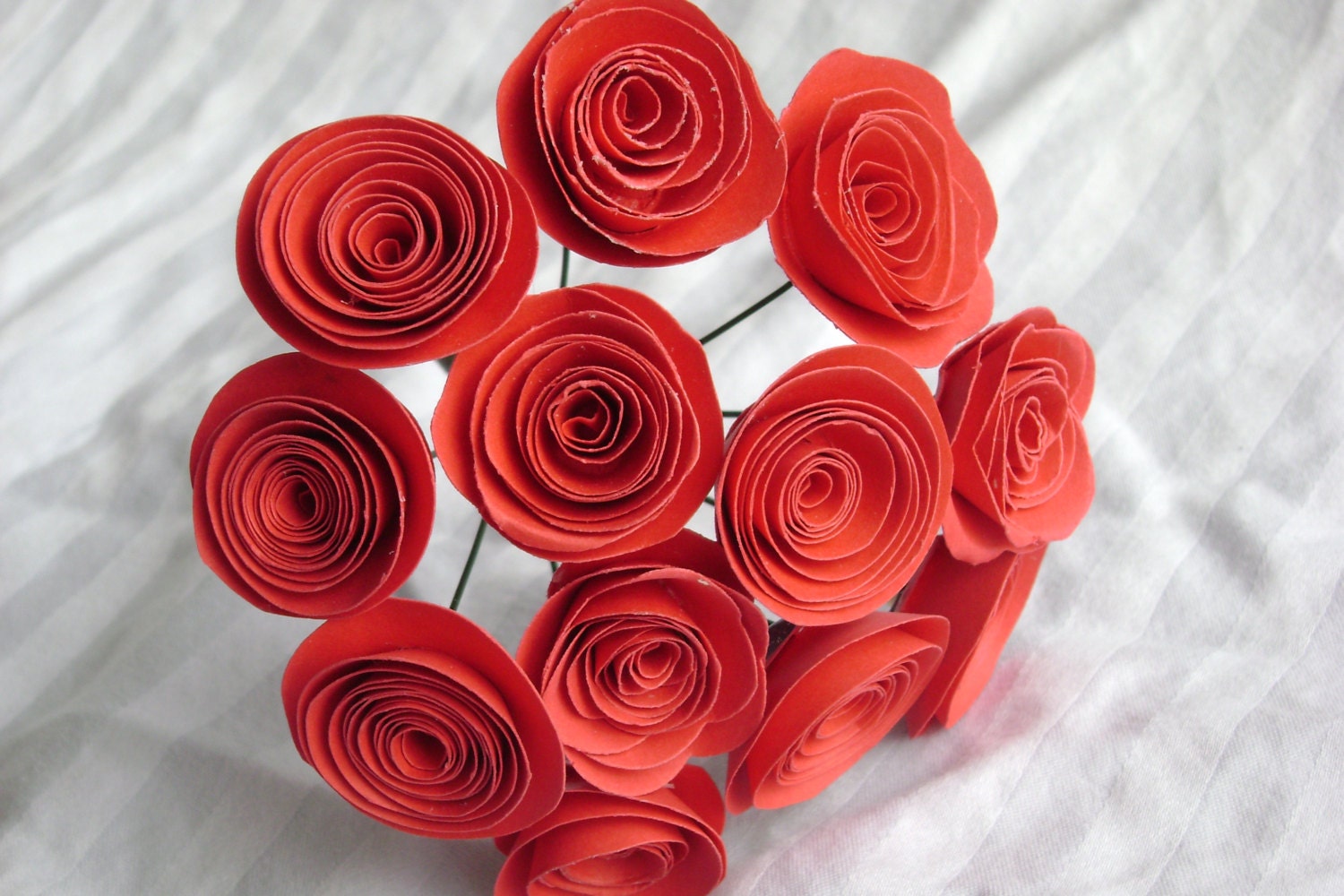 one dozen true red 12 spiral rolled paper roses bouquet