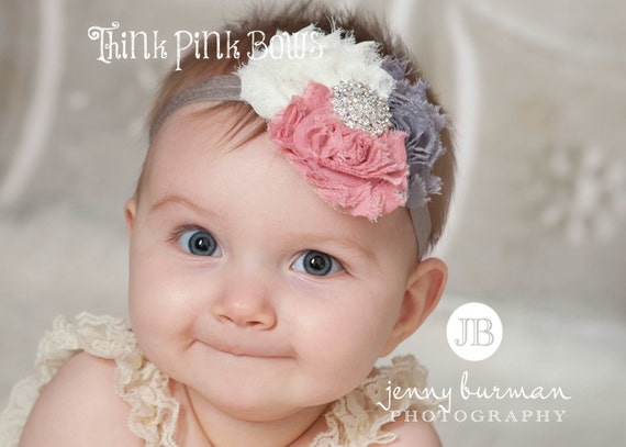 Baby Headband,Newborn Headband, Baby girl Headband,Shabby chic Headband, Baby Headbands,Headband,Vintage Inspired Headband,Baby Bows. by ThinkPinkBows