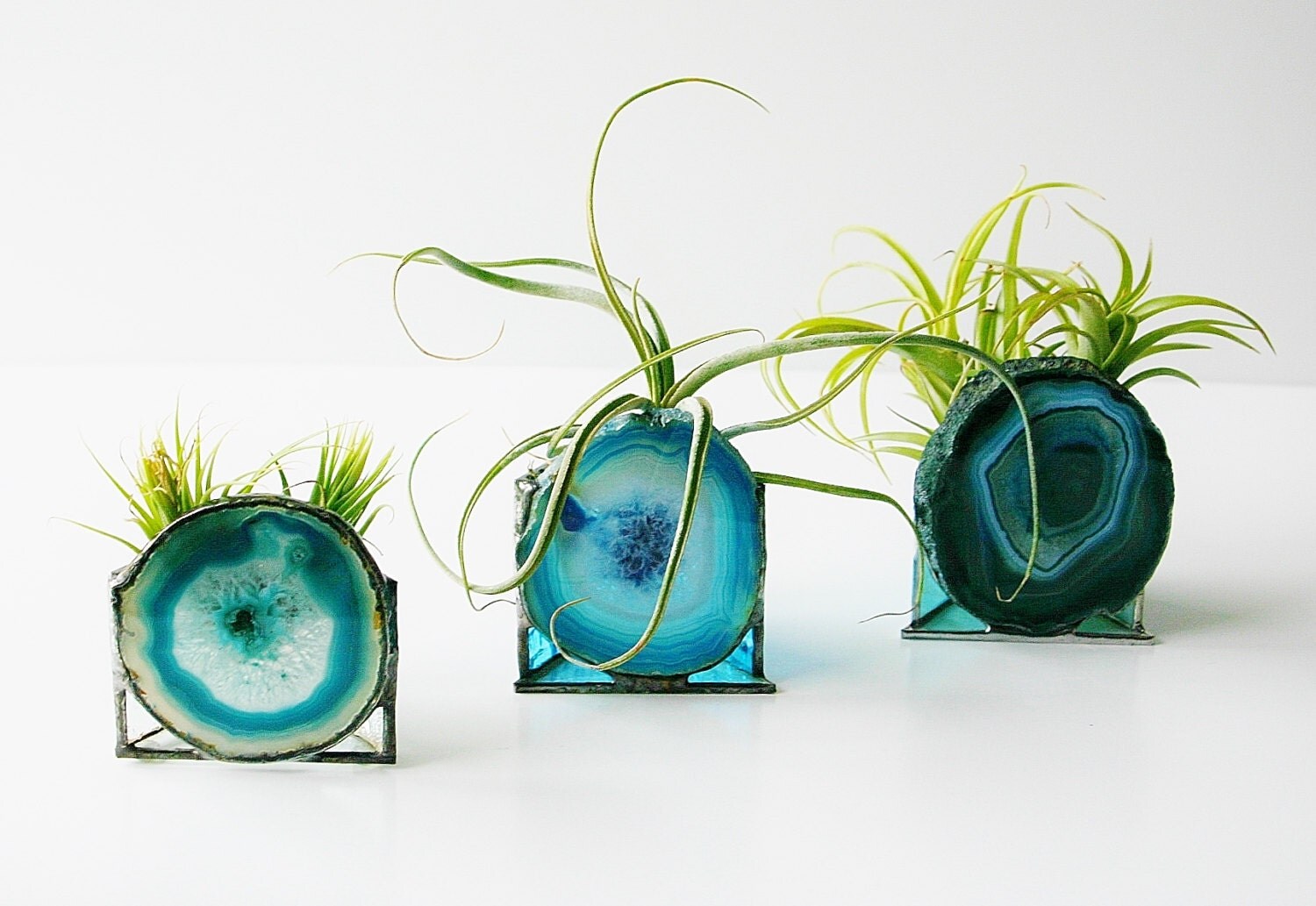 Stained Glass Air Plant Holder Teal Blue Green Crystal Druzy