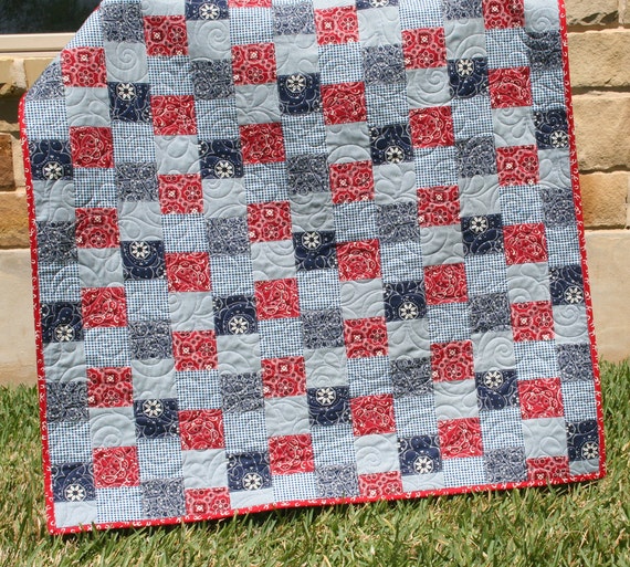 Western Baby Quilt Cowgirl Blanket Nursery Bedding Red Blue