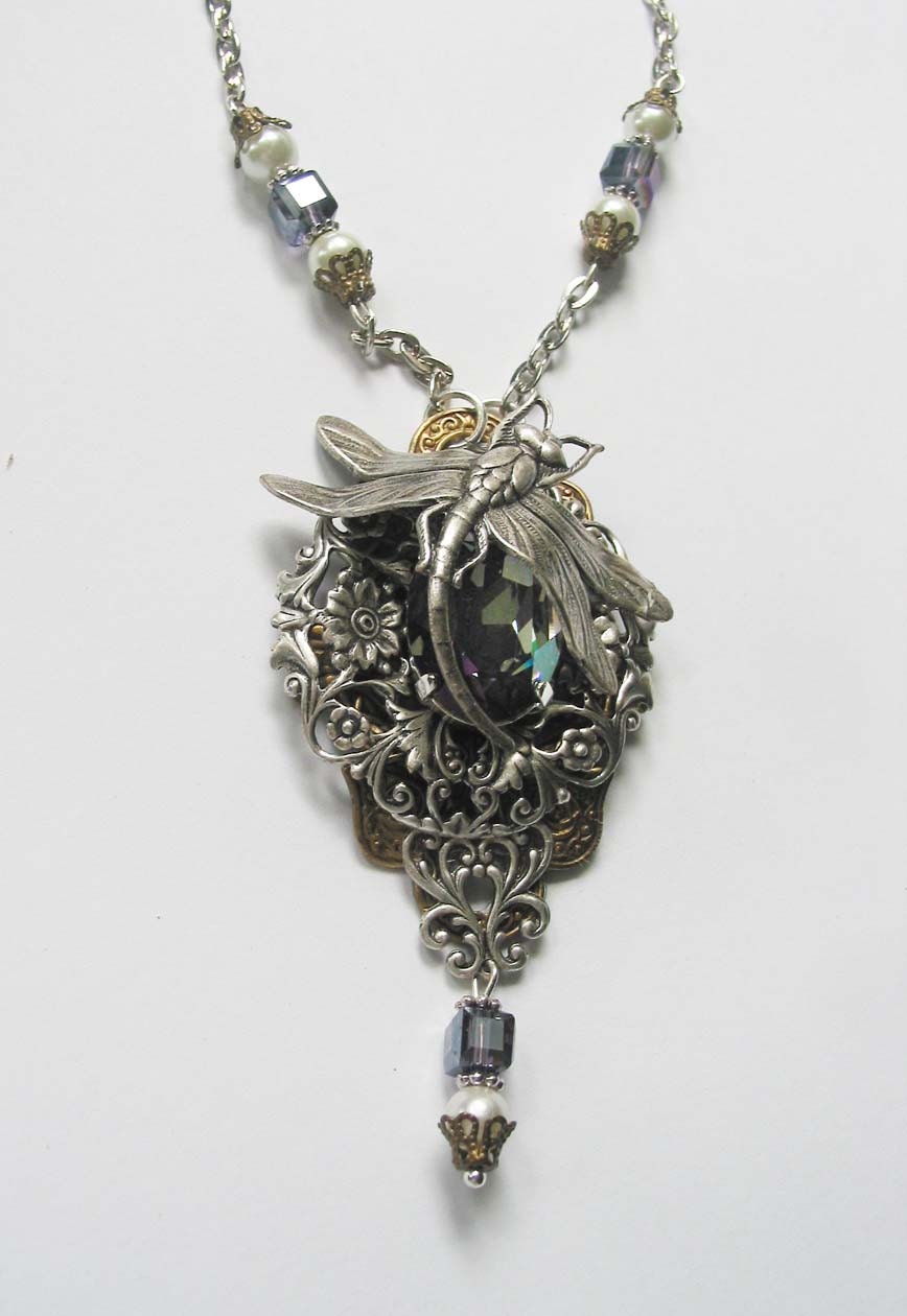 Starlight Swarovski Crystal Dragonfly Steampunk Necklace