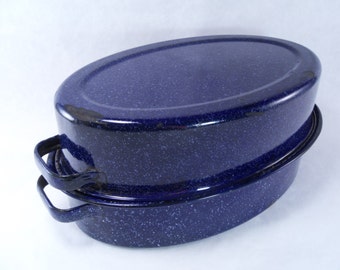 Sale 25% Off Use Coupon Code SAVE25 // Blue Speckled Enamel Roaster Vintage 30s