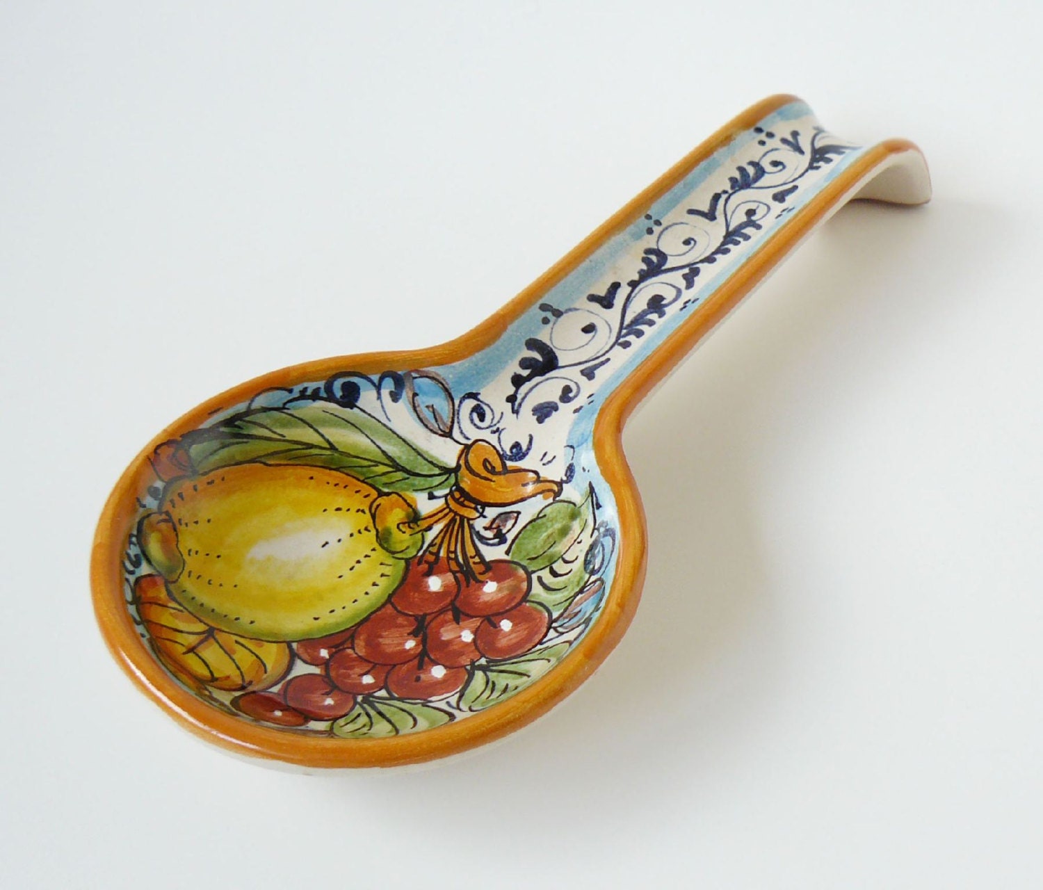 Handmade Italian Majolica Tuscan Lemon Grapes Spoon Rest Made