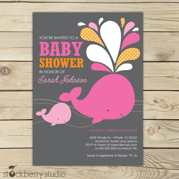 Girl Whale Baby Shower Invitation Printable by stockberrystudio