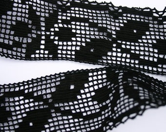 Black Cotton Lace Trim with Flower and Leaf motif 1930s
