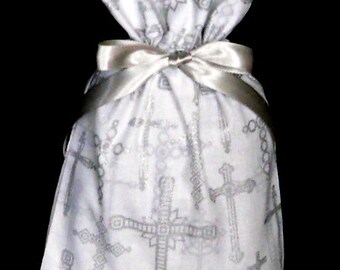 Silver Crosses on White Small Fabric Gift Bag - Religious, Spiritual, Ministry, Faith, Christian, Easter, Gray, Grey