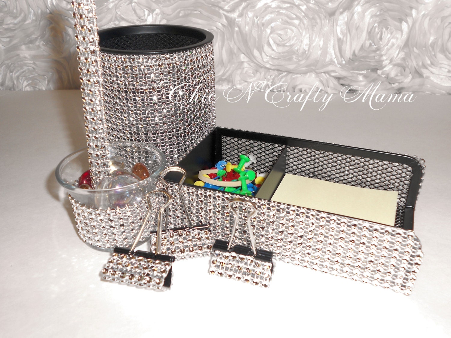 BLING IT ON Faux Rhinestone Mesh Desk Organization Set.Back