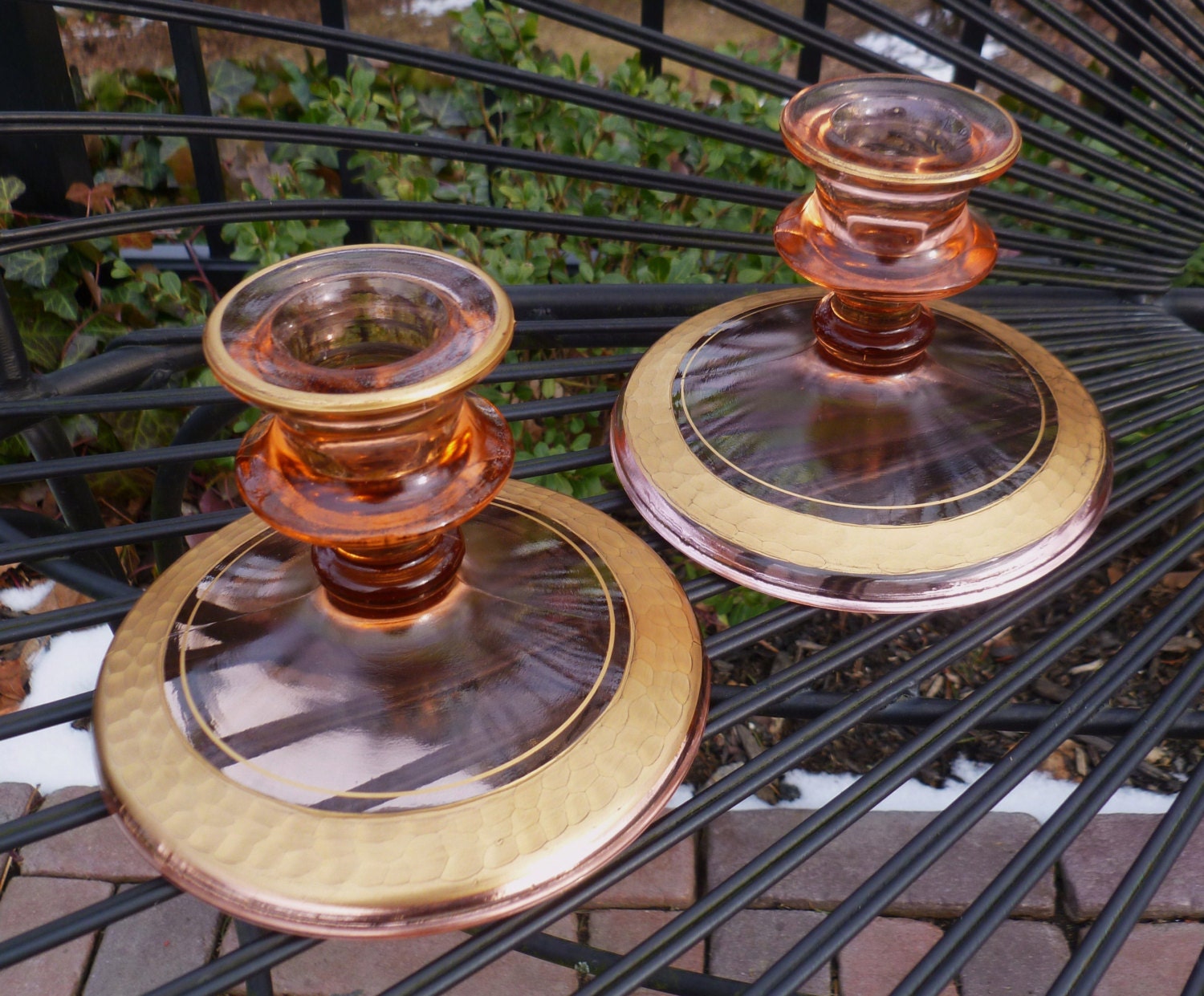 Pair Candle Holders Pink Depression Glass Gold Trim Vintage 