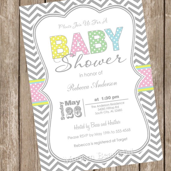 Pastel chevron girl baby shower invitation, chevron, pastel, typography, chevron invitation, printable, digital file Il_570xn