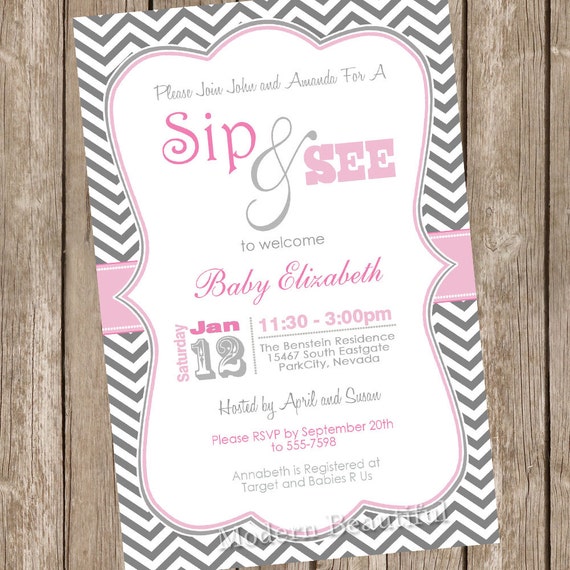 Girl Sip and See Baby Shower Invitation pink by ModernBeautiful