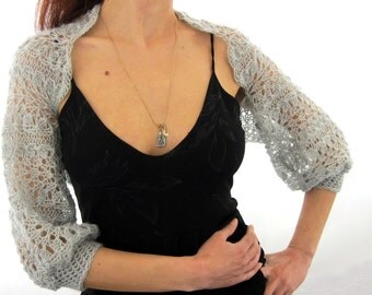 Lace Shrug in light gray color . Handmade Mohair Knitting