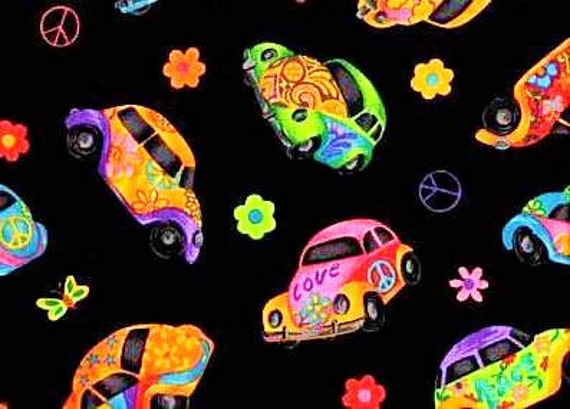 60s Love Bug Fabric Vw Beetle Peace Sign Hippie Car