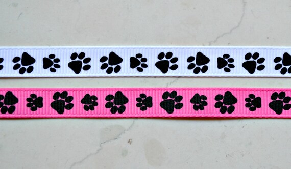 Black paw prints on hot pink & white 3/8" grosgrain ribbon- 2 yards Il_570xn