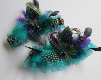 PEACOCK Wedding Garter Set, Jade Teal & Purple Garters, Leopard Garter, Millinery Feather, Something Blue, Steampunk Bride