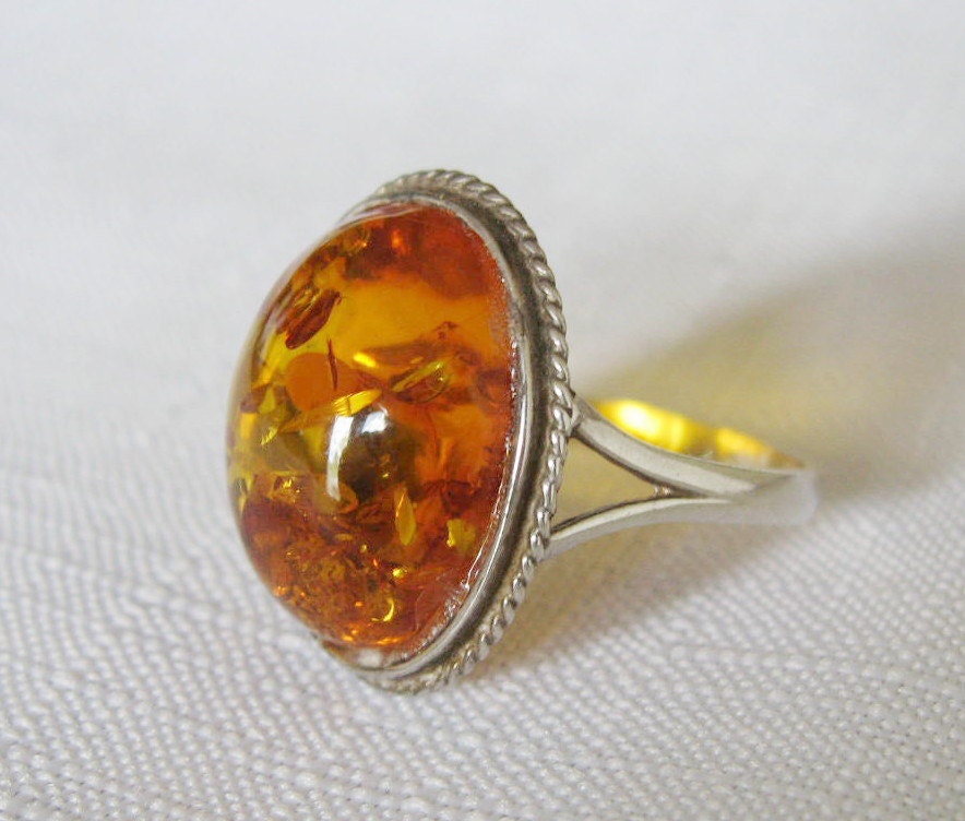 Vintage Sterling Silver 925 Large Baltic Amber Ring Size 11