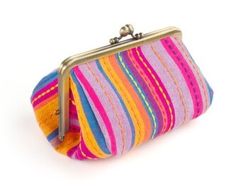 Metal frame capacious pouch // Cherry Pink Multi Stripe