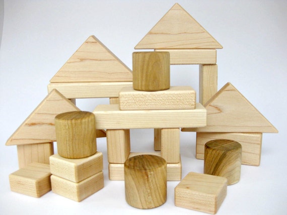 Natural Wooden Building Blocks Set of 26 by GreenBeanToys on Etsy