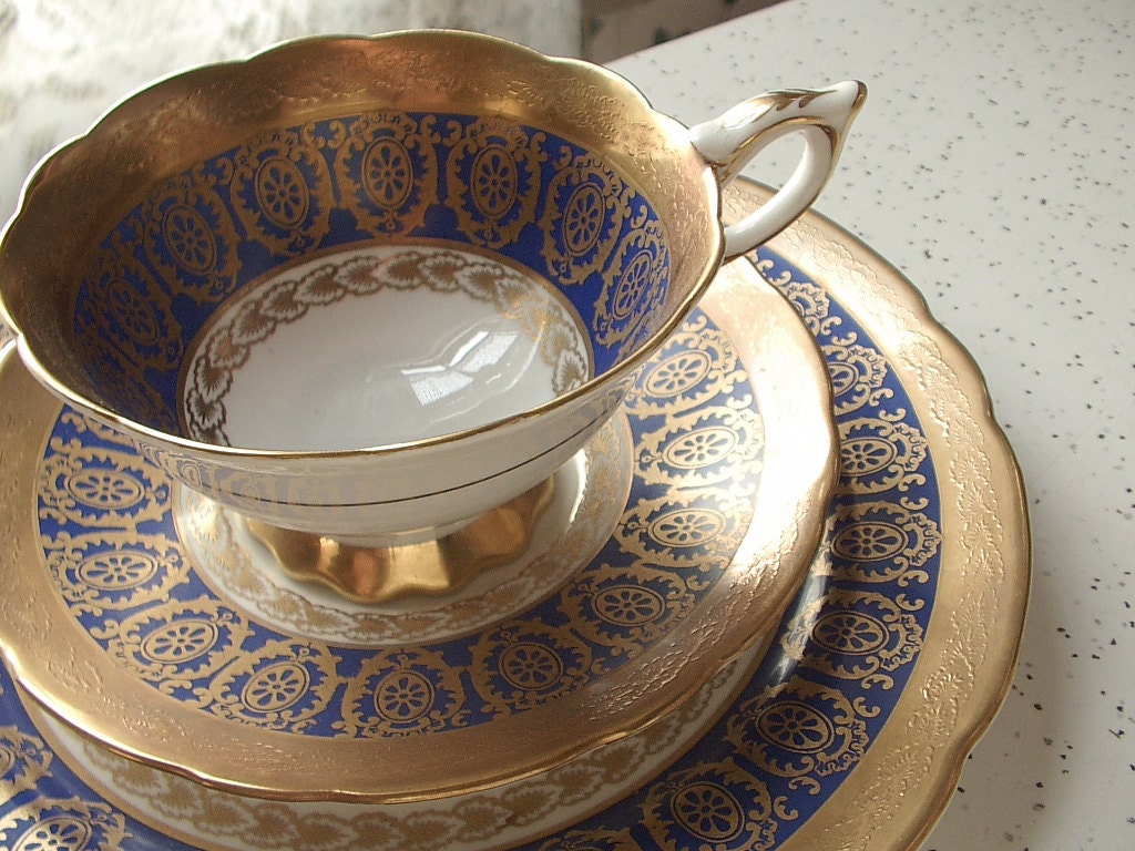 Antique royal blue tea cup and saucer plate set by ShoponSherman