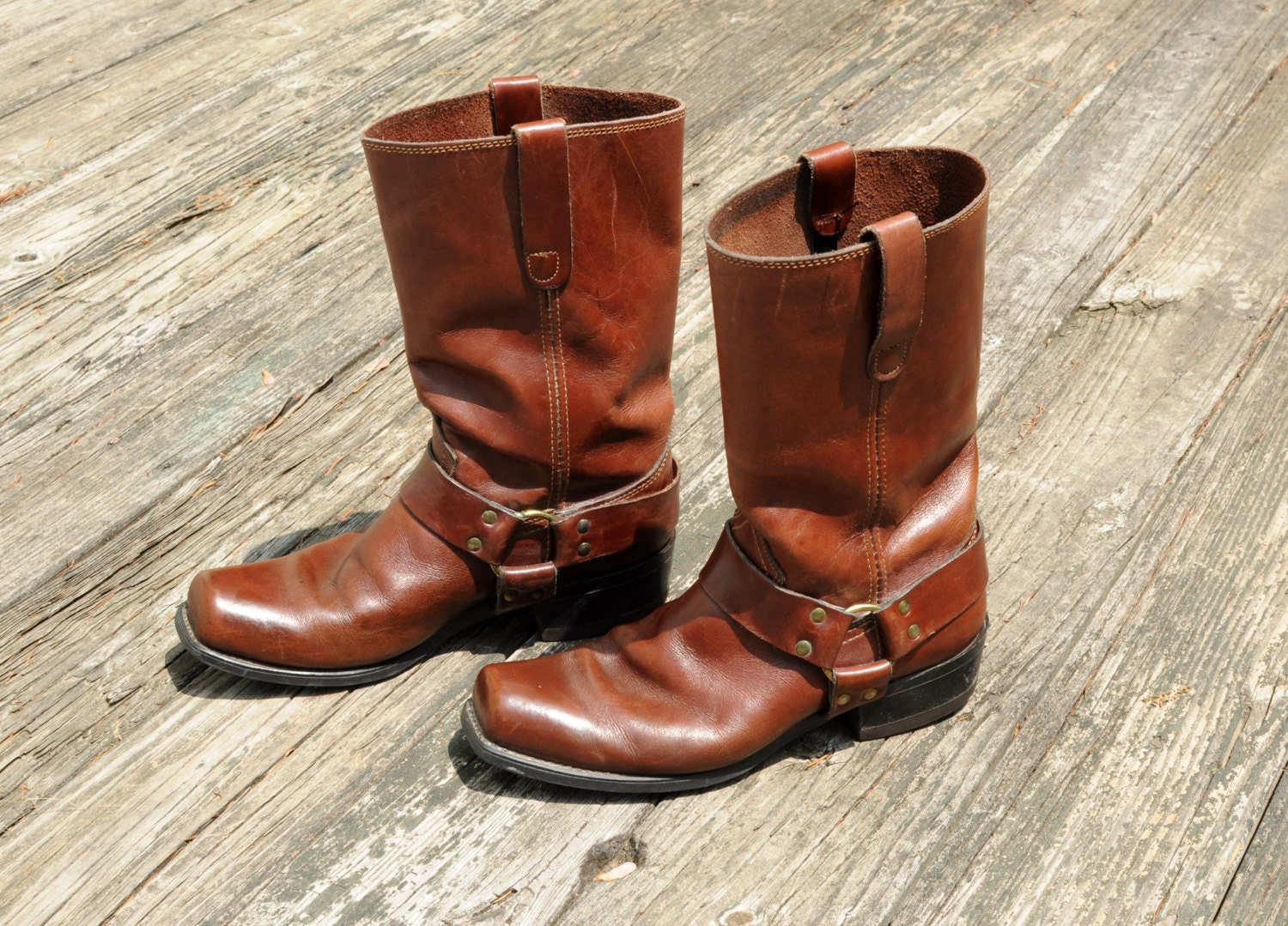 vintage 60s brown leather motorcycle boots harness engineer