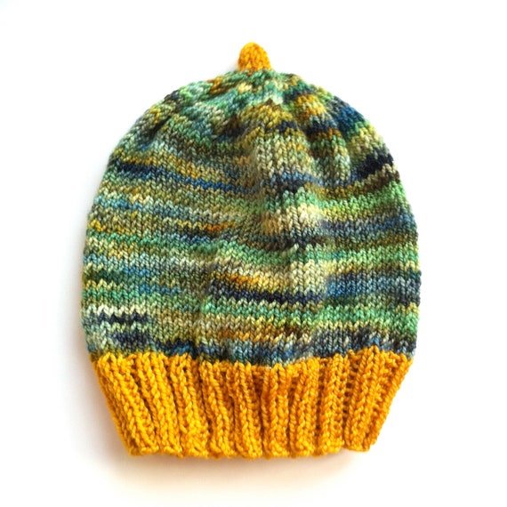 knit baby hat . mustard yellow & blue colorblock . by KelleyAnnZee