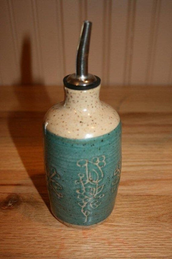 Handmade pottery olive oil dispenser hand carved blue oil