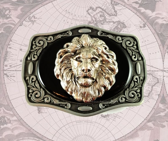 Belt Buckle Antique Silver Lions Head Inlaid in Black Onyx