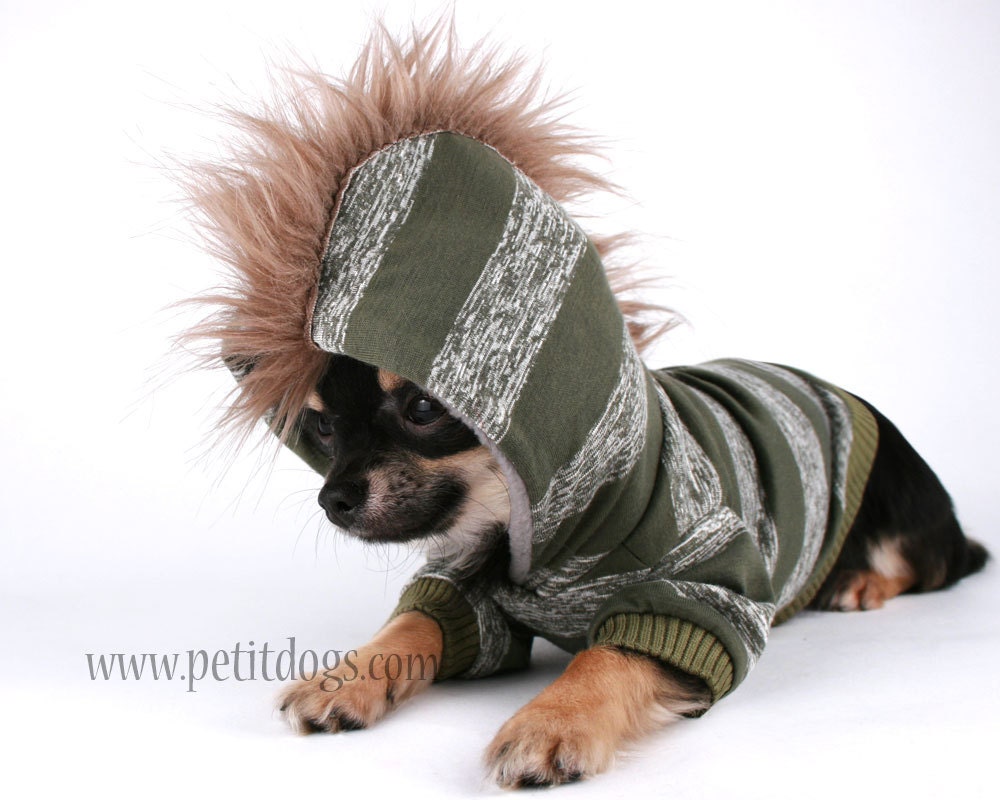 Dog clothes SMALL Green and grey stripes cute Mohawk hoodie