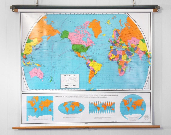 Vintage Pull Down Classroom Map Map Of World