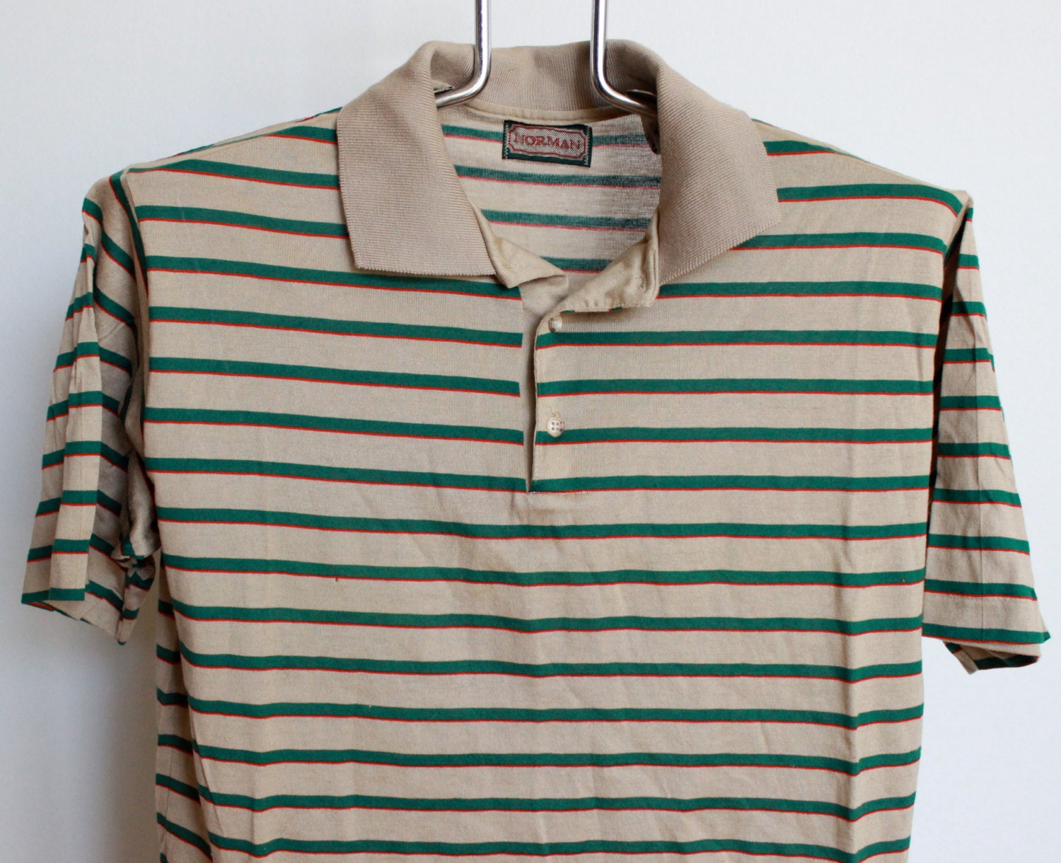 Vintage 80s Tan Striped Polo Shirt Mens size Medium Unisex