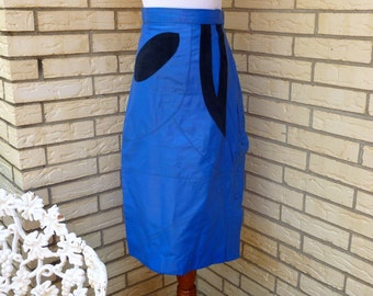 1980s Leather Skirt Electric Blue Black Suede Panels High Waist Womens Vintage Medium SALE