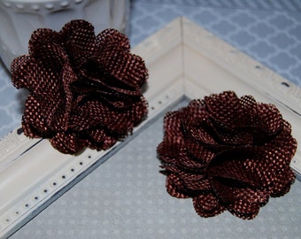 Flax Fabric Flowers - Brown linen Burlap fabric flowers (2 pcs) - use for headbands - hair hat shoe clips rustic vintage decorations
