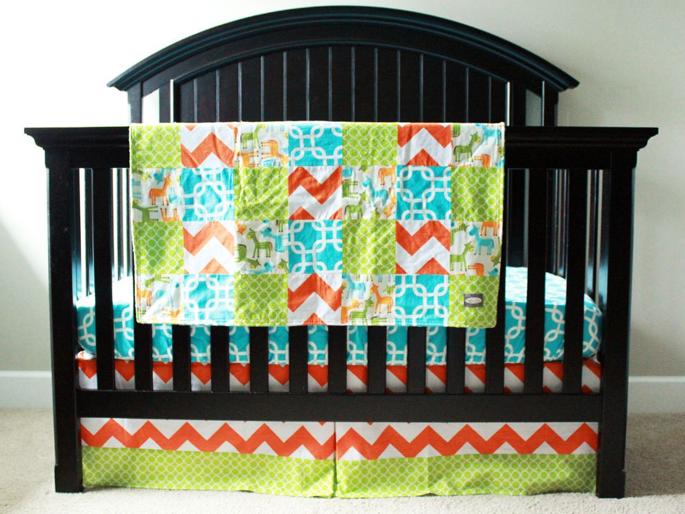 Crib bedding Aqua Lime Green Orange with Owls Reserved
